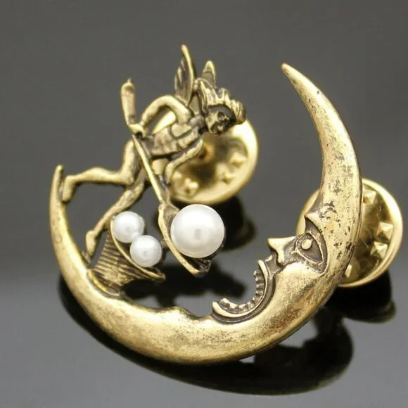 Vintage Golden Antique Tribal Angel Fairy Feeding Moon Cresent Simulated - Pearl - Picture 3 of 6